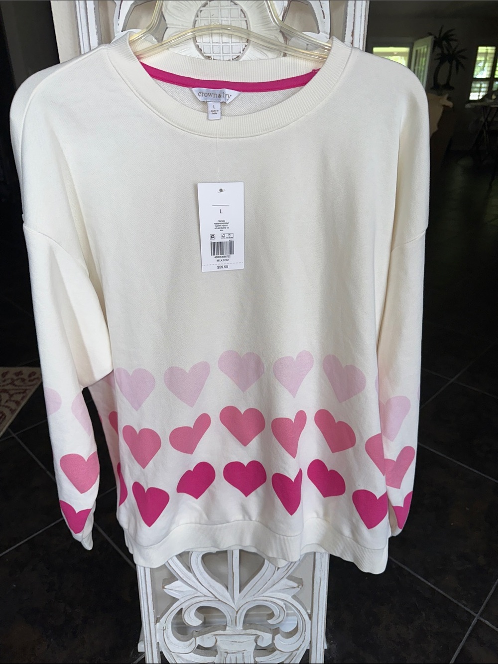 crown & ivy Cream Crewneck Sweater with Pink Heart Gradient Shades Size L NWT ♥️